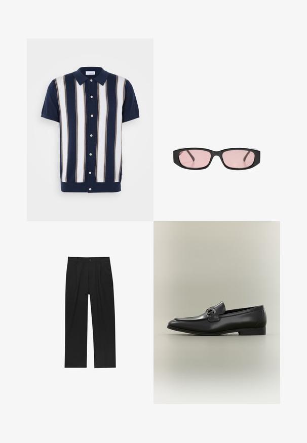 Korte mouwen polo shirt met een marineblauwe basis en verticale strepen in wit en bruin. Heeft een kraag en een knoopsluiting aan de voorkant.; Zwarte broeken met een recht model, gemaakt van een gladde stof. Voorzien van een voorplooien en een enkele knoopsluiting bij de taille.; Zwarte leren herenslipper met een lage hak en metalen gespsluiting aan de bovenkant, zijaanzicht op een neutrale achtergrond.; Zwarte rechthoekige zonnebril met smalle roze getinte glazen die op een wit oppervlak liggen.
