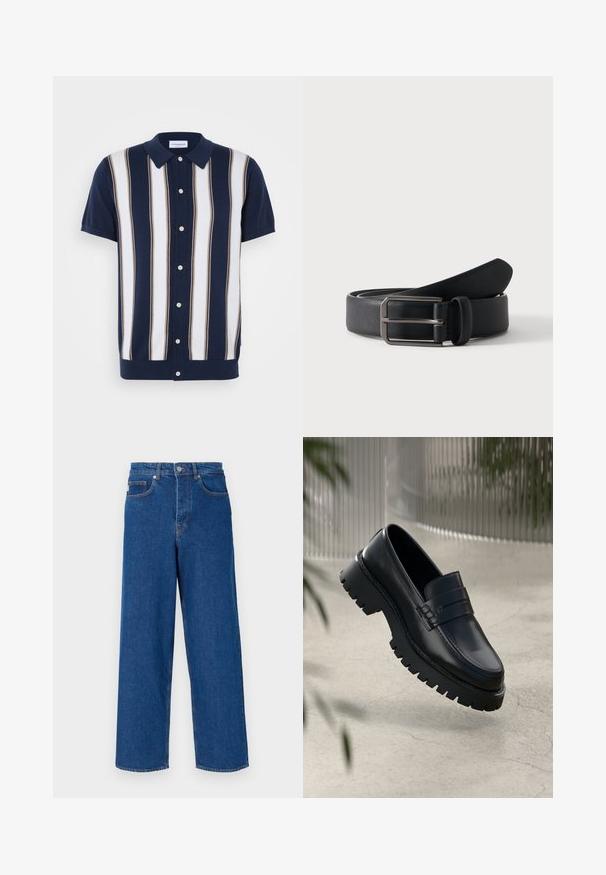 Polo à manches courtes avec une base bleu marine et des rayures verticales blanches et beiges. Il comporte un col et une fermeture à boutons.; Jean bleu large en denim, avec une taille haute, une conception à cinq poches et des coutures contrastées le long des coutures et des poches.; Mocassins en cuir noir avec une semelle à crampons épaisse, dotés d'une sangle décorative et de détails de couture. Texture lisse avec une finition polie.; Ceinture en cuir noir roulée avec une boucle métallique argentée rectangulaire sur un fond clair uni.