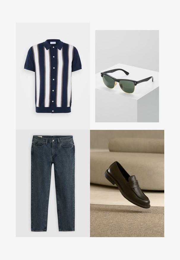 Korte mouwen polo shirt met een marineblauwe basis en verticale strepen in wit en bruin. Heeft een kraag en een knoopsluiting aan de voorkant.; Donkerblauwe denim jeans met een rechte pasvorm, vijf zakken en een knoopsluiting. Subtiele vervaging voegt textuur toe aan de stof.; Enkele donkerbruine leren instapper zweeft boven een beige, gestructureerd tapijt, met een wazige beige bank op de achtergrond.; Ray-Ban zonnebrillen met groene lenzen, zwarte plastic monturen en gouden accenten aan de randen. Vierkante vorm met een matte afwerking.