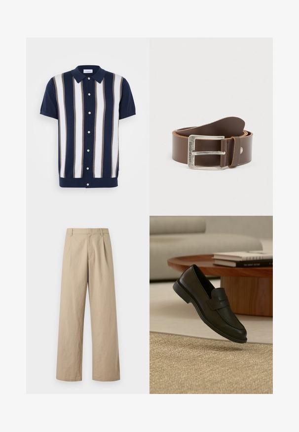 Korte mouwen polo shirt met een marineblauwe basis en verticale strepen in wit en bruin. Heeft een kraag en een knoopsluiting aan de voorkant.; Beige wijde broek met riemlussen, rits aan de voorkant en plooien, getoond op een witte achtergrond.; Zwarte leren loafer schoen getoond in de lucht boven een beige geweven tapijt, met een houten tafel en gestapelde boeken in een zacht verlichte woonkamer.; Bruine leren riem met zilverkleurige metalen gesp gegraveerd met "JACK & JONES", opgerold tegen een effen lichtgrijze achtergrond.