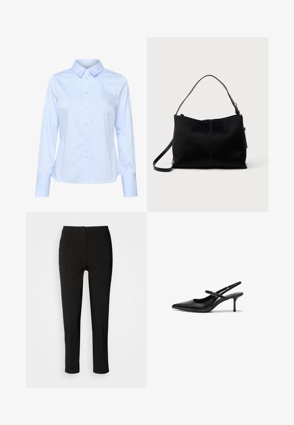Camisa de botones de manga larga color azul claro con cuello clásico, hecha de una tela suave, que presenta una fila de botones en el frente y puños ajustados.; Pantalones negros ajustados de corte slim, con frente plano y sin bolsillos visibles, que presentan una textura suave y un acabado limpio en el dobladillo.; Zapatos de tacón slingback de cuero negro con punta afilada, correa ajustable delgada y un tacón de aguja de aproximadamente 5 cm, textura suave.; Bolso negro de hombro con una superficie lisa y texturizada, con una única correa y un cierre de cremallera en la parte superior. Forma rectangular compacta.