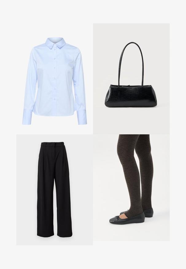 Camisa de botones de manga larga color azul claro con cuello clásico, hecha de una tela suave, que presenta una fila de botones en el frente y puños ajustados.; Pantalones negros de talle alto y pierna ancha con trabillas para cinturón y cierre delantero con cremallera, mostrados sobre un fondo blanco.; Piernas con leggings oscuros acanalados combinados con bailarinas negras que presentan pequeños detalles de lazo sobre un fondo blanco.; Bolso de hombro rectangular negro con correas largas y delgadas y una textura lisa y brillante sobre un fondo liso.