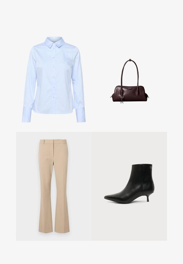 Himmelblaues langärmliges Hemd mit Knopfleiste und klassischem Kragen, aus glattem Stoff gefertigt, mit einer Reihe von Knöpfen an der Vorderseite und maßgeschneiderten Manschetten.; Beige Stoffhose mit geradem Schnitt, flachem Bund, Gürtelschlaufen und glatter Textur. Keine sichtbaren Taschen oder Muster.; Schwarzer Leder-Knöchel-Stiefel mit spitzer Spitze und niedrigem Kittenabsatz vor hellem Hintergrund, seitliche Ansicht.; Dunkelbraune Lederhandtasche von Calvin Klein mit langen doppelten Griffen und einem kleinen Logoanhänger, der an einem Griff hängt.