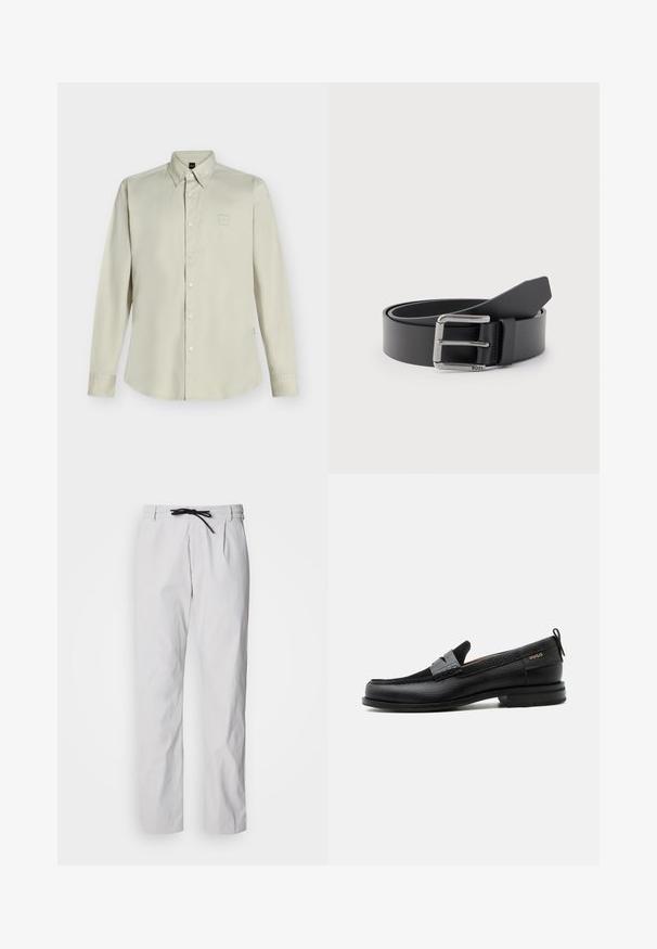 Chemise beige à manches longues avec boutons, col et petit logo sur la poitrine, présentée sur un fond clair uni.; Pantalon fuselé en mélange de coton gris clair avec une taille à cordon de serrage. Dispose de plis à l'avant et de poches latérales pour plus de praticité.; Mocassin en cuir noir avec détail de bride grise, talon bas et semelle texturée, marqué "HUGO" en or sur le côté.; Ceinture en cuir noir enroulée avec une boucle métallique rectangulaire argentée gravée "BOSS" sur un fond gris clair.