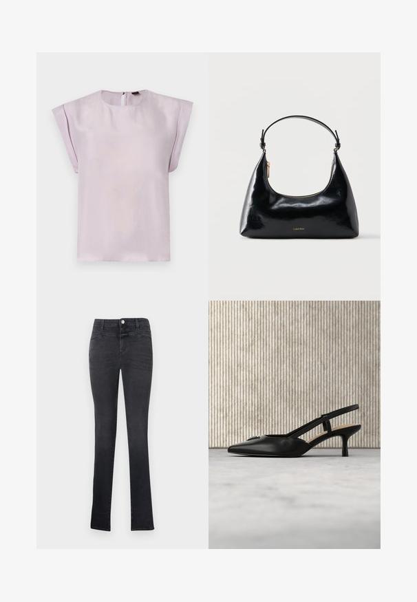 Blouse en soie lilas avec un col rond, des manches courtes drapées et une fermeture au dos en forme d'œillet. Texture douce avec un design minimaliste.; Jean noir slim avec une taille mi-haute, fermeture par boutons, passants pour ceinture, et poches à l'avant et à l'arrière.; Chaussure noire à talon kitten slingback avec bout pointu et détail de logo en métal, flottant près d'une surface réfléchissante et d'un porte-documents métallique avec des papiers.; Sac à main Calvin Klein noir brillant avec fermeture éclair dorée et anse courte sur fond blanc uni.