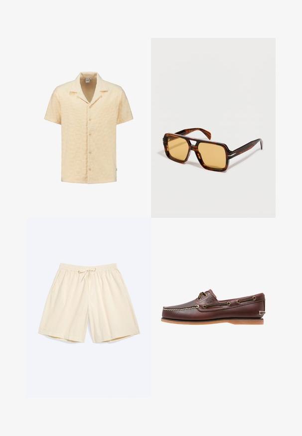 Camisa de manga corta en tela amarilla clara texturizada, con un patrón geométrico, cuello con muesca y cinco botones en la parte delantera.; Pantalones cortos color crema hasta la rodilla con cintura elástica y cordón, con bolsillos laterales, colocados planos sobre un fondo claro.; Zapato náutico de cuero marrón con costuras blancas, detalles de cordones y suela de goma color coñac, mostrado de lado sobre un fondo blanco.; Gafas de sol rectangulares de carey con lentes tintados en ámbar y un recorte en el puente, mostradas sobre un fondo blanco.