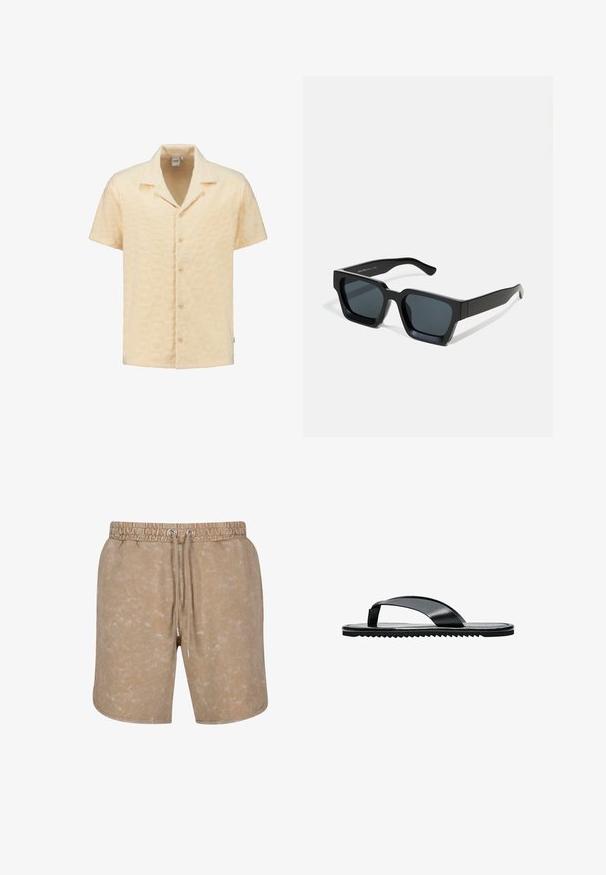 Kurzarmhemd aus strukturiertem, hellgelbem Stoff mit geometrischem Muster, mit eingekerbtem Kragen und fünf Knöpfen an der Vorderseite.; Urban Classics WASHED PIPED - Jogginghose - unionbeige; Schwarze flache Flip-Flop Sandale mit breitem Zehenriemen und strukturierter Sohle, seitlich auf weißem Hintergrund dargestellt.; Schwarze rechteckige Sonnenbrillen mit dunklen Gläsern. Dickes, glattes Kunststoffgestell mit leicht glänzender Oberfläche und geraden Bügeln.