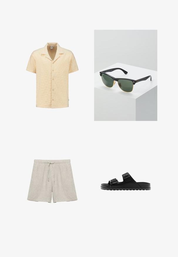 Kortærmet skjorte i struktureret lysegul stof med geometrisk mønster, klippet krave og fem forknapper.; Lyse beige hørshorts med elastisk linning og snor, lige ben, ingen synlige mærker eller mønstre.; Sort åben slide-sandal med to justerbare spænder og tekstureret sål for greb, vist i sideprofil.; Ray-Ban solbriller med grønne linser, sorte plastikstel og gyldne detaljer ved kanterne. Firkantet form med mat finish.
