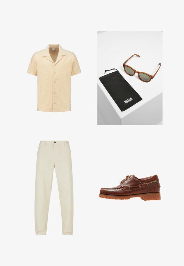 Camisa de manga corta en tela amarilla clara texturizada, con un patrón geométrico, cuello con muesca y cinco botones en la parte delantera.; Pantalones de color crema hechos de algodón con un diseño de pierna recta. Presentan un cierre frontal con botón y bolsillos laterales. Textura suave.; Sebago ACADIA - Náuticos - brown cinnamon; Gafas de sol carey con lentes verdes, con montura redonda. Acompañadas de un saquito negro con cordón y el logo "URBAN CLASSICS".