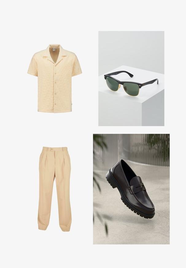 Camisa de manga corta en tela amarilla clara texturizada, con un patrón geométrico, cuello con muesca y cinco botones en la parte delantera.; Pantalones beige ajustados con pliegues frontales, cierre de botón y tobillos ajustados, fabricados en un material ligero. Textura suave y corte recto.; Mocasines de cuero marrón con una suela de goma texturizada y estriada. Presentan un diseño elegante y una correa decorativa sobre el empeine.; Gafas de sol Ray-Ban con lentes verdes, montura de plástico negro y acentos dorados en los bordes. Forma cuadrada con acabado mate.