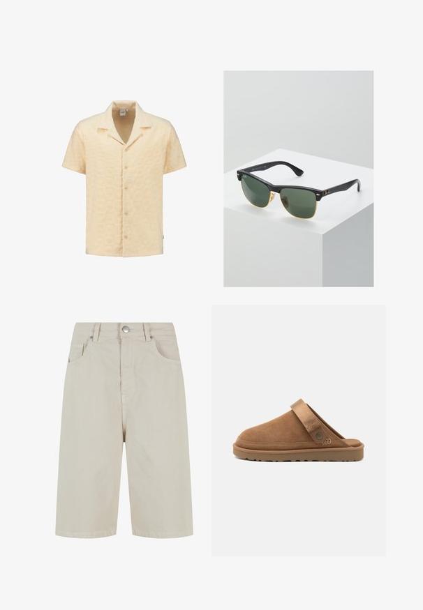 Camisa de manga corta en tela amarilla clara texturizada, con un patrón geométrico, cuello con muesca y cinco botones en la parte delantera.; Shorts de denim beige con corte recto, cierre frontal con botón y cuatro bolsillos. La tela tiene una textura suave y un detalle de costura mínimo.; Zuecos de ante en tono marrón con punta redondeada y correa trasera. Suela de goma con un patrón de desgaste texturizado para mayor agarre.; Gafas de sol Ray-Ban con lentes verdes, montura de plástico negro y acentos dorados en los bordes. Forma cuadrada con acabado mate.