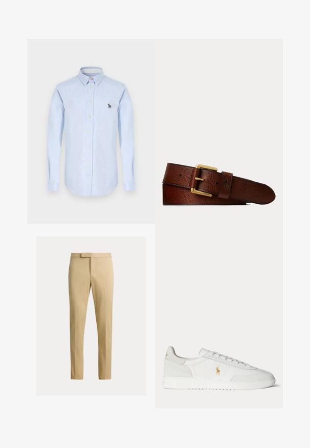 Hellblaues Hemd mit langen Ärmeln, Kragen, Vorderknöpfen und einem kleinen gestickten Zebra-Detail auf der Brust.; Beige schmal geschnittene Hose mit Bügelfalte vorne, Gürtelschlaufen und verdecktem Frontverschluss auf schlichtem hellem Hintergrund.; Weißer Sneaker in niedriger Ausführung mit Schnürdesign, goldenem Polo Ralph Lauren Logo an der Seite und strukturierter Sohle auf einfarbigem Hintergrund.; Brauner strukturierter Ledergürtel mit einer goldenen rechteckigen Schnalle, mit "Polo" an der Schnallenspitze graviert und einem kleinen geprägten Logo an der Lasche.