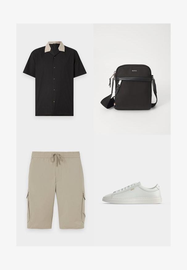 Kurzarmhemd in Schwarz mit vertikalen Streifen, ausgestattet mit einem beigen Kragen und Frontknöpfen. Hergestellt aus leichtem Stoff mit glatter Textur.; Beige Cargo-Shorts mit elastischem Bund und Kordelzug. Sie verfügen über Seitentaschen und einen glatten, leichten Stoff.; Weißer Leder-Sneaker in niedriger Ausführung mit Schnürsenkeln, flacher Sohle und kleinem goldfarbenem "BOSS" Logo an der Seite, von der Außenseite betrachtet.; Schwarze Umhängetasche aus strukturiertem Stoff, mit Logo auf der Vorderseite, Reißverschluss und verstellbarem Tragegurt. Verfügt über eine glatte Lederbesatz.
