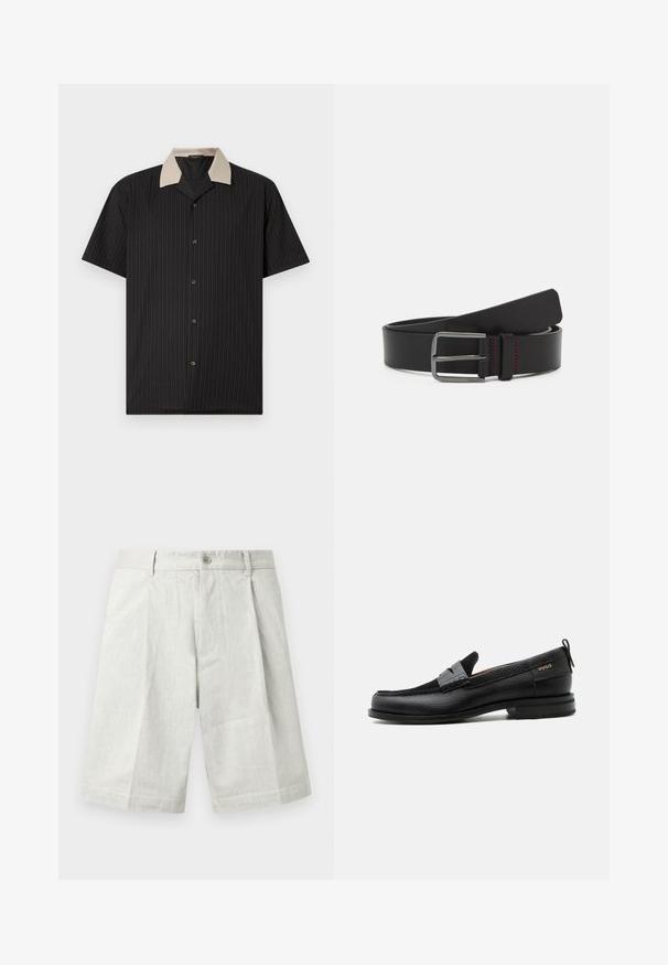 Camisa de manga corta en negro con rayas verticales, que presenta un collar beige y botones frontales. Está hecha de tejido ligero con una textura suave.; Shorts gris claro hechos de tela texturizada, con cierre de botón, pliegues y corte recto, adecuados para uso casual.; Mocasín de cuero negro con detalle de tira gris, tacón bajo y suela texturizada, con la marca "HUGO" en oro en el lateral.; Cinturón de cuero negro con un diseño plano, hebilla metálica y detalle de costura roja. Textura suave y extremos redondeados.