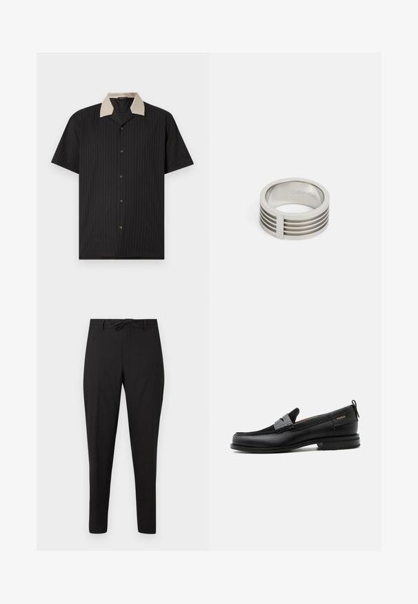 Camisa de manga corta en negro con rayas verticales, que presenta un collar beige y botones frontales. Está hecha de tejido ligero con una textura suave.; Pantalones negros de pierna recta con cintura ajustable mediante cordón y trabillas para cinturón, mostrados contra un fondo blanco liso.; Mocasín de cuero negro con detalle de tira gris, tacón bajo y suela texturizada, con la marca "HUGO" en oro en el lateral.; Anillo de acero inoxidable con un acabado suave, con surcos horizontales y un pequeño acento integrado. Nombre de la marca grabado en el interior.