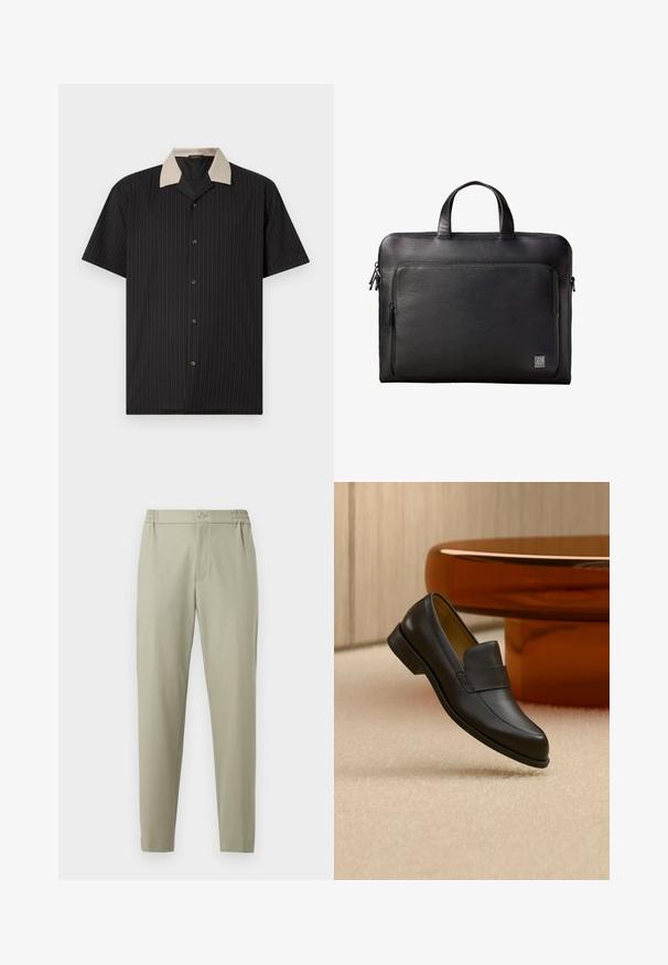 Camisa de manga corta en negro con rayas verticales, que presenta un collar beige y botones frontales. Está hecha de tejido ligero con una textura suave.; Pantalones beige entallados con cintura elástica, cierre de botón y cremallera frontal, mostrados sobre un fondo blanco plano.; Zapato mocasín de cuero negro con tacón bajo flotando sobre suelo alfombrado beige cerca de una mesa redonda marrón.; Maletín de cuero negro texturizado con bolsillo frontal con cremallera y asas dobles, con un pequeño logo de Calvin Klein en la esquina inferior.