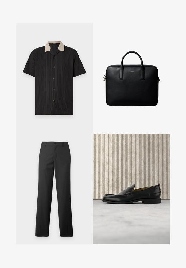 Kurzarmhemd in Schwarz mit vertikalen Streifen, ausgestattet mit einem beigen Kragen und Frontknöpfen. Hergestellt aus leichtem Stoff mit glatter Textur.; Samsøe Samsøe SAJOHNNY TROUSERS - Stoffhose - turkish coffee; Schwarzer Herren-Slipper aus Leder mit einer krokogeprägten Vorderkappe und einem niedrigen Absatz, im Profil vor neutralem Hintergrund gezeigt.; Schwarze strukturierte Lederaktentasche mit zwei Griffen und silbernen Reißverschlussanhängern, zentriert auf weißem Hintergrund.
