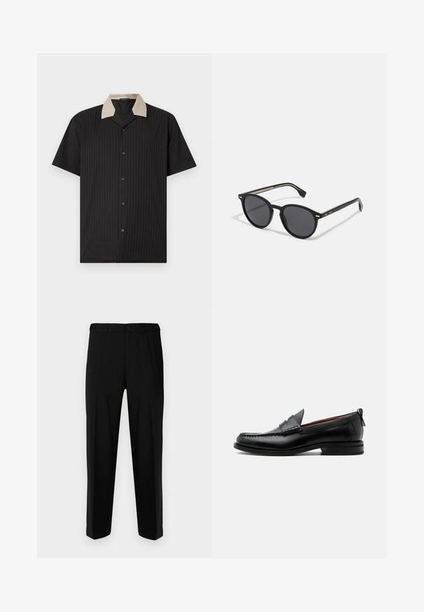 Chemise à manches courtes noire avec des rayures verticales, dotée d'un col beige et de boutons sur le devant. Fabriquée en tissu léger avec une texture lisse.; Pantalon noir en tissu lisse, présentant une coupe droite, deux poches avant et une fermeture à glissière avec bouton.; Mocassin homme en cuir noir avec couture moc toe, bride penny, col texturé et petit talon empilé sur fond blanc.; BOSS Lunettes de soleil - black