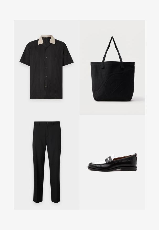 Kurzarmhemd in Schwarz mit vertikalen Streifen, ausgestattet mit einem beigen Kragen und Frontknöpfen. Hergestellt aus leichtem Stoff mit glatter Textur.; Schwarze maßgeschneiderte Hose mit flachem Frontschnitt, normaler Taille und geraden Beinen. Hergestellt aus glattem Material, mit einem einzelnen Knopfverschluss.; Schwarz-weißer Lederloafer mit genähten Details, niedrigem Absatz und einem Slip-On-Design, seitlich auf neutralem Hintergrund gezeigt.; Schwarze Canvas-Shopper-Tasche mit zwei Schulterriemen und einem dezenten, eingeprägten kreisförmigen Design auf der Vorderseite.