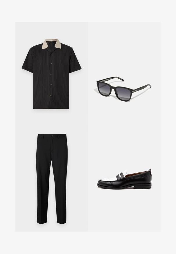 Chemise à manches courtes noire avec des rayures verticales, dotée d'un col beige et de boutons sur le devant. Fabriquée en tissu léger avec une texture lisse.; Pantalons noirs ajustés avec une coupe plate, taille standard et jambes droites. Fabriqués en tissu lisse, dotés d'une fermeture à un bouton.; Mocassin en cuir noir et blanc avec des détails cousus, un petit talon et un design slip-on, présenté de profil sur un fond uni.; BOSS Lunettes de soleil - black