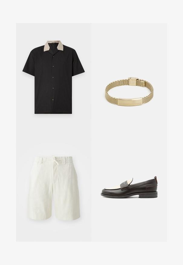 Chemise à manches courtes noire avec des rayures verticales, dotée d'un col beige et de boutons sur le devant. Fabriquée en tissu léger avec une texture lisse.; Shorts beige clair en tissu doux et texturé. Dotés d'une taille élastique avec cordon de serrage et d'une poche avant unique.; Mocassin homme en cuir marron foncé avec panneau en tissu écru et détail classique de bride cousue, semelle plate et languette au talon.; Bracelet en maille dorée avec une plaque plate gravée du mot "BOSS". Le design est élégant avec une texture métallique et un fermoir sécurisé.
