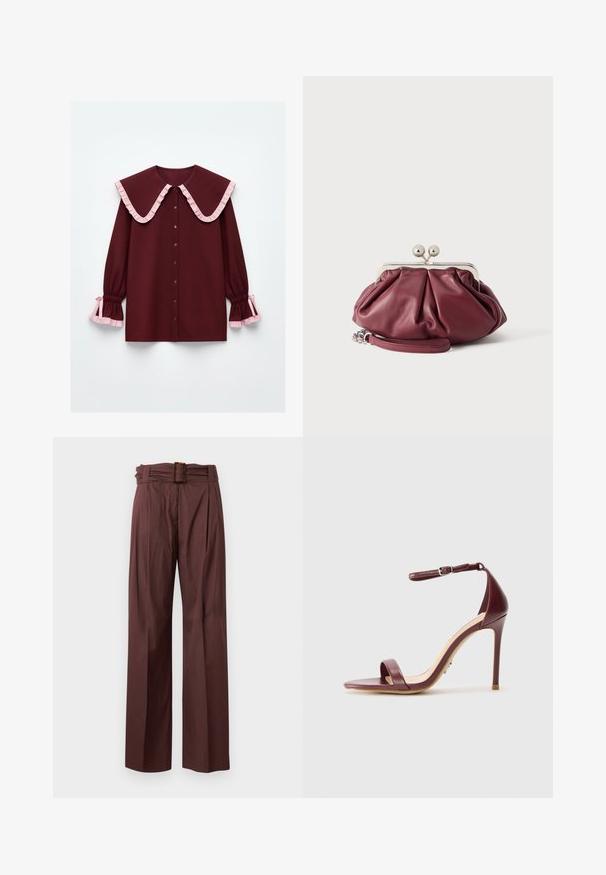 Blouse bordeaux avec un large col à volants, accents roses, patte de boutonnage à l'avant et manches froncées ornées de volants roses aux poignets.; Pantalon marron taille haute à jambes larges, devant plissé et ceinture assortie avec boucle rectangulaire en écaille.; Sandale à talons aiguilles en cuir bordeaux avec une bride de cheville, bout ouvert et texture lisse et mate. Dotée d'un talon fin et d'un design minimaliste.; Petite pochette en cuir bordeaux avec fermoir en métal argenté et bracelet pour poignet sur fond blanc.