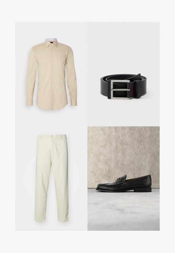 Camisa de manga larga beige hecha de tela suave. Presenta un cuello clásico y un interior de cuello blanco en contraste con puntos negros.; Pantalones de algodón color beige claro con un diseño de pierna recta, cuentan con un cierre frontal de botón y bolsillos estándar, textura suave y sin patrones.; Mocasín de cuero negro con pieza metálica dorada y logotipo "HUGO", exhibido sobre una alfombra beige y muebles translúcidos marrones.; Cinturón de cuero negro enrollado con una hebilla metálica rectangular plateada y detalles de costura roja cerca del lazo de la hebilla.