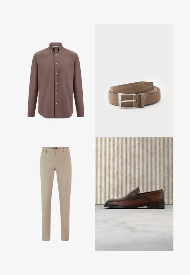 Chemise à manches longues marron avec col boutonné, poche avant et fermeture à boutons. Texture lisse, coupe ajustée et couleur unie.; Pantalons beiges sur mesure en tissu mélangé coton. Dotés d'un devant plat, de poches latérales, et d'une coupe ajustée avec des coutures subtiles.; Mocassin pour homme en cuir marron avec devant perforé et détail de bride, positionné sur un tapis beige, avec une table ronde brillante marron en arrière-plan.; Ceinture en daim de couleur marron clair, avec une texture lisse et une boucle en métal argenté. Présente cinq trous et des bords cousus pour une meilleure durabilité.