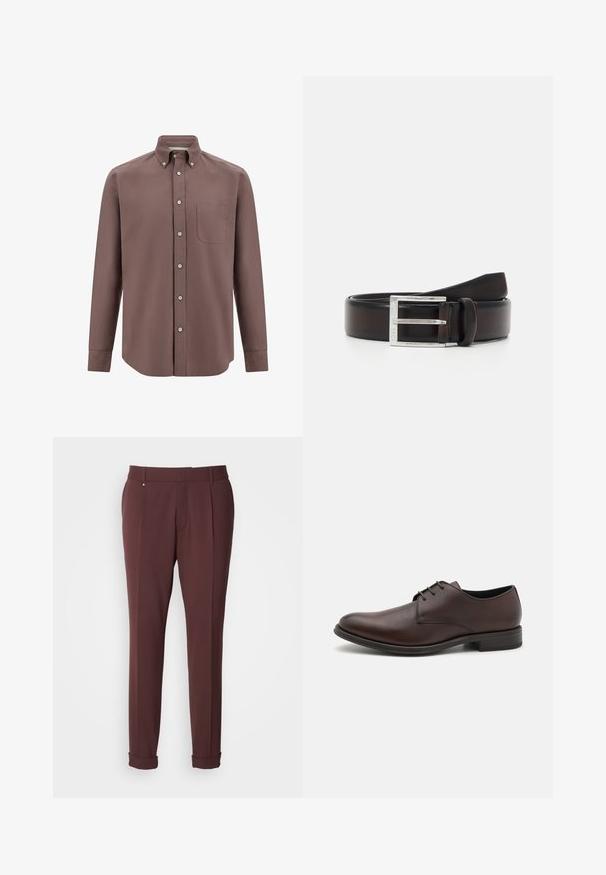 Chemise à manches longues marron avec col boutonné, poche avant et fermeture à boutons. Texture lisse, coupe ajustée et couleur unie.; Pantalons ajustés bordeaux avec une texture lisse, dotés de passants de ceinture, de plis avant et d'ourlets roulés pour un look ajusté.; Chaussure habillée en cuir brun avec une finition lisse, un bout rond et des coutures minimales. Présente un design à lacets et un talon bas et texturé.; Ceinture en cuir marron avec une finition brillante, boucle en métal argenté et une texture lisse. Comprend une boucle pour sécuriser la sangle.