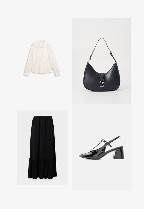 Blouse blanche à manches longues, avec un col, au fit court, ornée de motifs en pois métalliques sur l'ensemble du tissu.; Longue jupe noire avec taille élastique et ourlet à volants froncés sur un fond uni clair.; Chaussure slingback en cuir verni noir à petit talon, bout pointu et bride en T avec une petite boucle dorée.; Pieces PCLIKA SHOULDER BAG - Sac à main - black