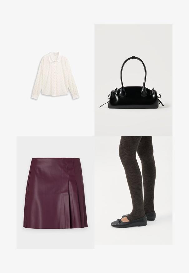 Blouse blanche à manches longues, avec un col, au fit court, ornée de motifs en pois métalliques sur l'ensemble du tissu.; ONLY ONLARTZY Short - Minijupe - mauve wine; Jambes portant des leggings côtelés foncés associés à des ballerines noires avec de petits détails en nœud sur fond blanc.; Petit sac à main noir brillant avec deux longues anses et des détails à cordon sur les côtés sur un fond clair uni.
