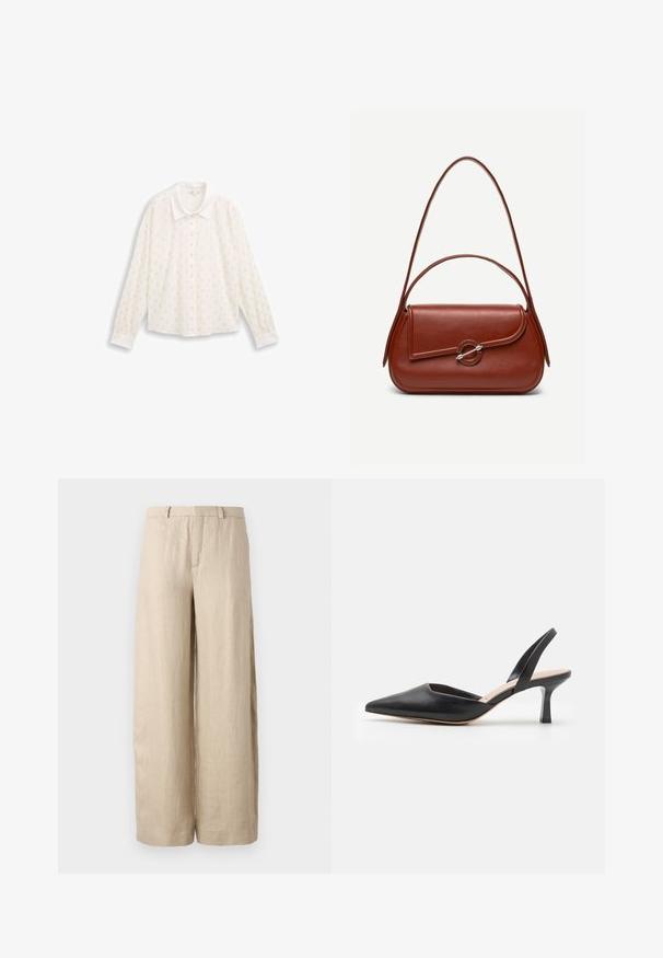 Blouse blanche à manches longues, avec un col, au fit court, ornée de motifs en pois métalliques sur l'ensemble du tissu.; Pantalon large beige en lin. Dispose d'un pli avant, de deux poches latérales et d'une taille avec passants de ceinture. Texture lisse.; Chaussure slingback en cuir noir avec un bout pointu, un talon fin et un design épuré, présentant une silhouette élégante et une texture lisse.; Sac à bandoulière en cuir marron de forme rectangulaire arrondie, rabat asymétrique, fermoir circulaire argenté et deux fines bretelles.