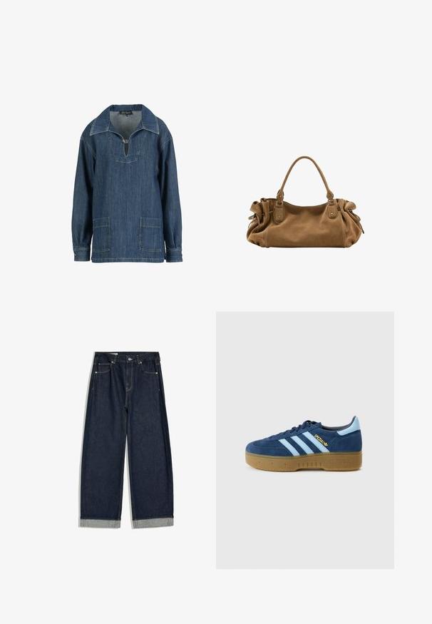 Pull bleu en denim à manches longues avec col large, ouverture en V boutonnée, poches avant cousues, et poignets boutonnés.; Jean en denim bleu foncé à jambes larges avec revers roulés, design cinq poches et fermeture par bouton à la taille, posé à plat sur fond blanc.; Baskets en daim bleu marine avec des rayures bleu clair, bout rond et semelle en caoutchouc gomme. Logo doré "Spezial" sur le côté, design classique d'Adidas.; Sac à main en daim marron doux avec une poignée supérieure unique et des détails latéraux froncés maintenus par des sangles en cuir et des anneaux métalliques.