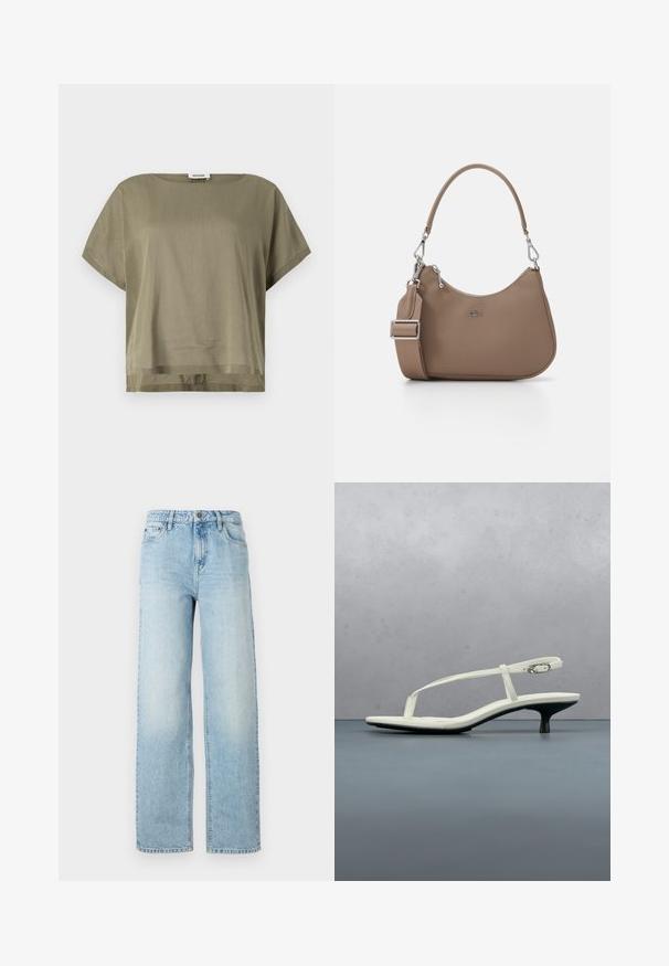 Haut court olive en vert, fabriqué en tissu léger, présentant une coupe ample et un ourlet droit. Design minimaliste avec un col rond.; Jeans en denim bleu clair à jambes larges avec un design classique à cinq poches, fermeture à bouton et décoloration subtile pour la texture.; Sandale blanche à talon kitten avec des lanières et un bout pointu, flottant au-dessus d'un sol en carrelage en bois en plein air avec un arrière-plan flou de plante et de mur.; Sac à main synthétique marron avec un design incurvé, doté d'une courte poignée et d'une bandoulière amovible. Quincaillerie en métal argenté et détail de logo.