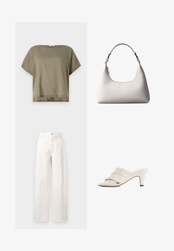 Top verde oliva de manga corta hecho de una tela ligera, con un corte holgado y un dobladillo recto. Diseño minimalista con cuello redondo.; Pantalones anchos blancos de algodón, con cierre frontal de botones, trabillas para cinturón y corte recto sin patrones visibles.; Mules de tacón alto beige con diseño de tira de cuero torcida, punta abierta y detalle de logotipo en relieve. El tacón tiene un detalle en punta negra.; Bolso de hombro de cuero color crema de Calvin Klein con borde superior curvado, cremallera plateada y correa ajustable marrón oscuro.