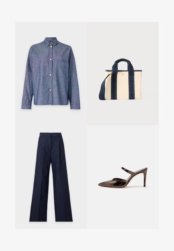 Denim särk, helesinine, nööbidetailiga disain, pikad varrukad, üks rindkere tasku, sile tekstuur, hõbedased nööbid.; Tumesinised laia säärega püksid kõrge vöökohaga, esikokkupandud voldi ja vööaasadega, esitatud ühtlasel heledal taustal.; Sädelevalt tumepruun terava ninaga kõrgete kontsadega sandaal, millel on kitsas rihm jalavõlvi üle, valgel ühevärvilisel taustal.; Väike beež käekott tume siniste sangade ja rihmaga, kuldse tõmblukuga ning dekoratiivse õmblusega.