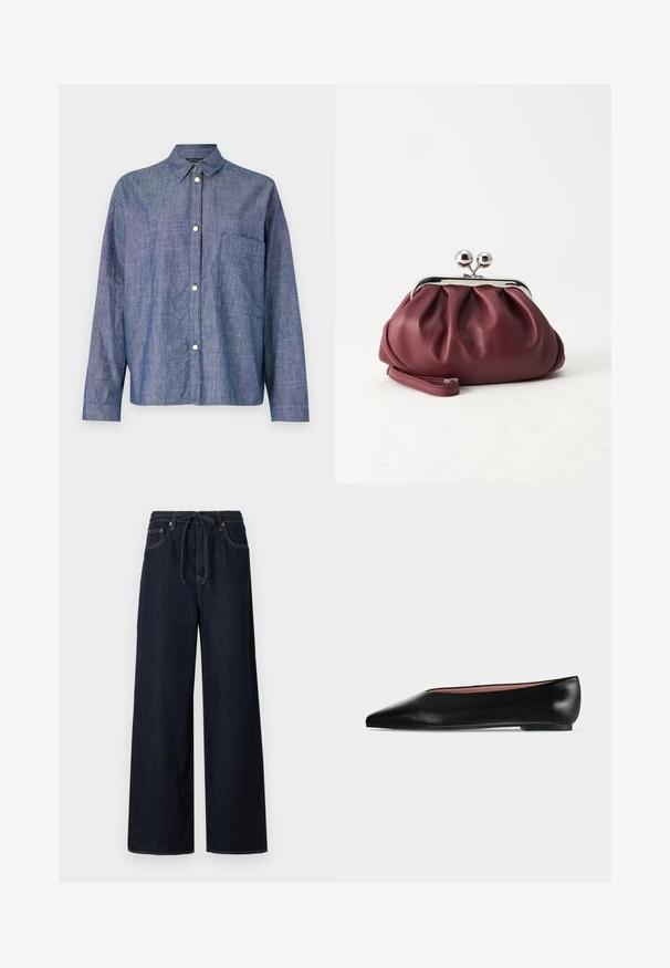 Jeanshemd, hellblau, mit Knopfverschluss, lange Ärmel, eine einzelne Brusttasche, glatte Textur, silberne Knopfdetails.; Dunkelblaue, weit geschnittene Denim-Hosen mit einem Kordelzugbund, klassischem Fünf-Taschen-Design und kontrastierenden Nähten.; Schwarzer flacher Damenleder-Schuh mit spitzer Kappe und niedrigem Absatz, von der Seite auf einfarbigem hellgrauem Hintergrund gezeigt.; Kleine burgunderrote Lederclutch mit silbernem Metallverschluss und Handgelenksriemen auf weißem Hintergrund.