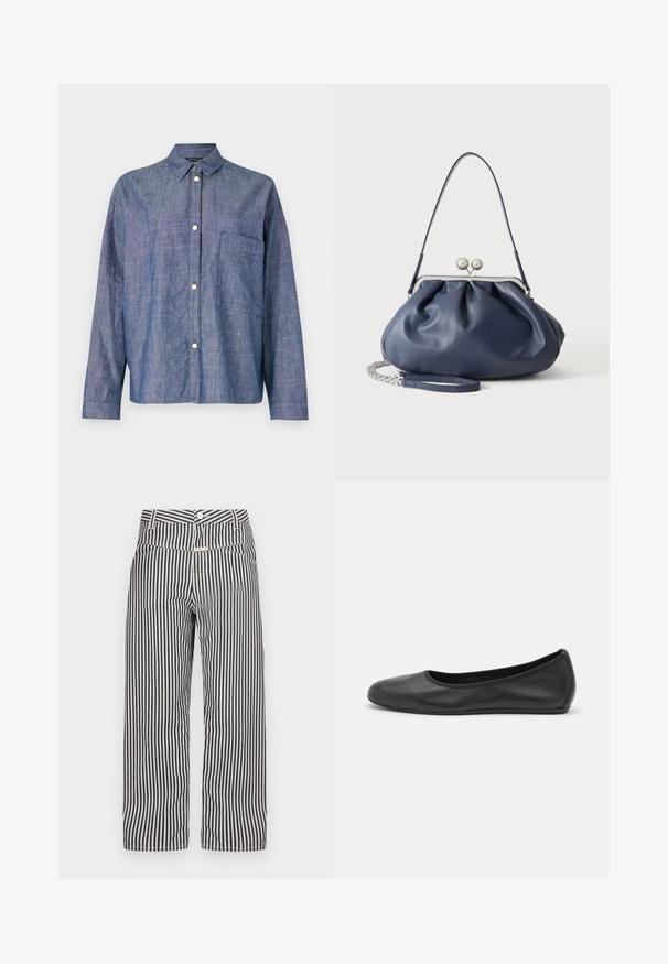 Denim särk, helesinine, nööbidetailiga disain, pikad varrukad, üks rindkere tasku, sile tekstuur, hõbedased nööbid.; Ribadega laiad püksid tumesinises ja valges. Omab nööbi suletust, esikotte ja sujuvat, kerget kangast.; Musthave mustika tantsutossud mustast nahast, ümmarguse varbaga, siledast tekstuurist, minimaalse õmblusdetailiga ja paindliku tallakujundusega.; Pehme tumesinine nahast käekott hõbedase klambriga, ühe õlarihmaga ja eemaldatava ketiga randmerihmaga valgel taustal.
