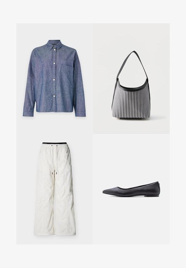 Denim särk, helesinine, nööbidetailiga disain, pikad varrukad, üks rindkere tasku, sile tekstuur, hõbedased nööbid.; Valged laiade säärtega püksid, kummiga vöökohaga, paelaga ja tõmblukuga küljetaskutega, esitatud ühevärvsel taustal.; Must nahkjala kinga madala kontsaga, külgvaates valge tausta ees.; Must-valge vertikaalsete triipudega käekott ühe musta rihmaga ja ümarate servadega ülemine ava ühevärvilise taustaga.