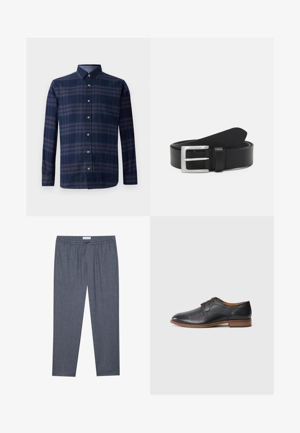 Chemise à manches longues à carreaux bleu marine avec un devant boutonné et un col pointu, présentée sur fond blanc.; Pantalons gris à jambes droites avec taille à cordon de serrage et texture subtile. Le tissu semble doux et confortable, idéal pour une tenue décontractée.; Chaussure oxford en cuir noir avec une finition lisse, bout rond et talon marron. Design à lacets à quatre œillets, couture détaillée le long des côtés.; Ceinture en cuir noir avec une texture lisse, boucle rectangulaire en argent et une boucle pour l'extrémité. Présente des coutures soignées le long des bords.