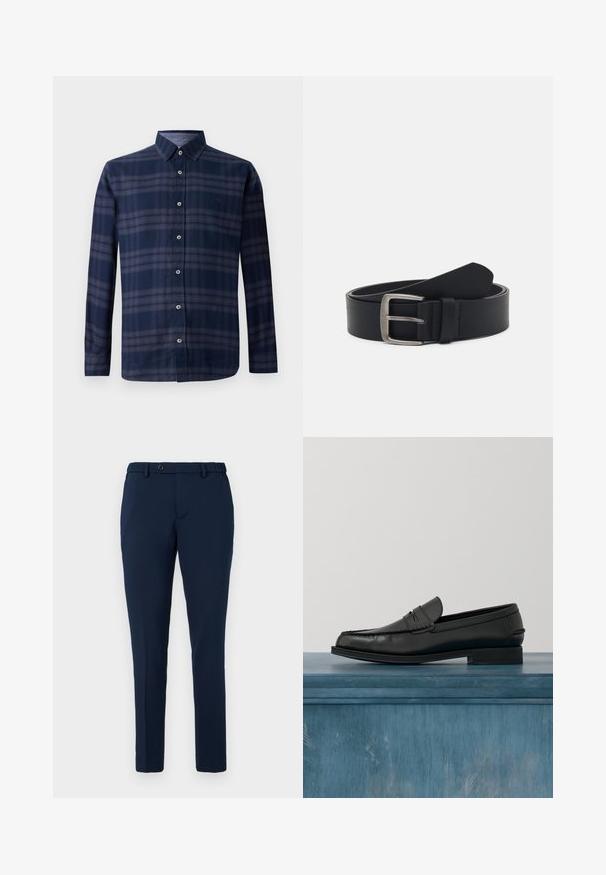 Dlhý rukáv, námornícky modrý kockovaný š shirt s gombíkmi vpredu a špicatým golierom, vystavený na bielom pozadí.; Námornícky modré slim-fit nohavice s pútkami na opasok, zapínaním na gombík a elastickým pásom zobrazené na bielom pozadí.; Čierne kožené mokasíny s elegantným dizajnom, vybavené prešitým špičkou a hladkým povrchom. Topánka má nízky podpätok a minimálne zdobenie.; Čierny kožený opasok so striebornou kovovou sponou, ktorý má hladký povrch a klasický dizajn. Opasok je zvinutý s koncom namiereným.