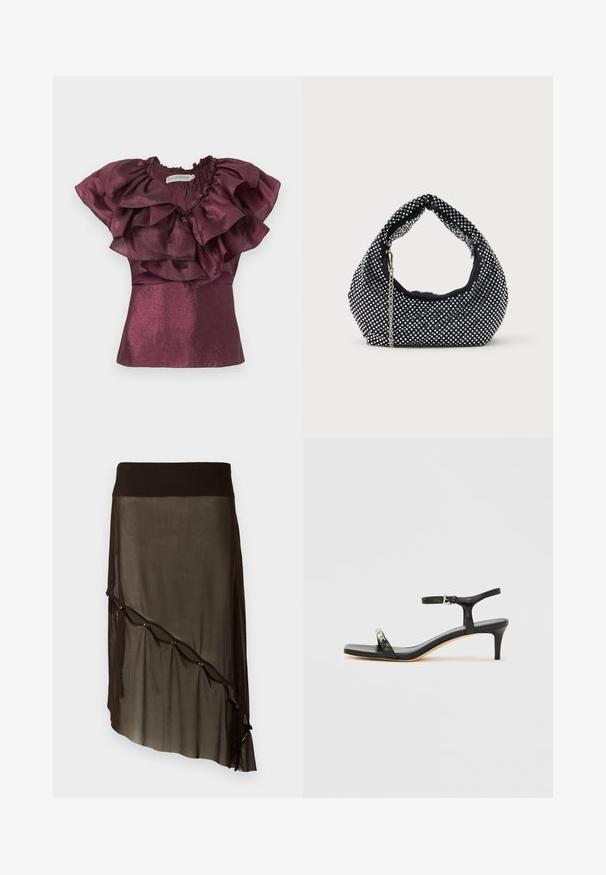 Blouse violette à manches courtes avec col à volants superposés et tissu texturé brillant, marque Ida Sjöstedt.; Jupe en mesh noire avec une ceinture ajustée, ourlet asymétrique, boutons décoratifs sur le devant et texture superposée transparente.; Sandale noire en cuir à talon avec bride à la cheville, bout ouvert, devant carré et accent en métal argenté. Design ajusté avec un profil élégant.; Sac à main en maille noire orné de clous en argent, avec une poignée incurvée et une bandoulière en chaîne. Texture douce avec une forme arrondie.