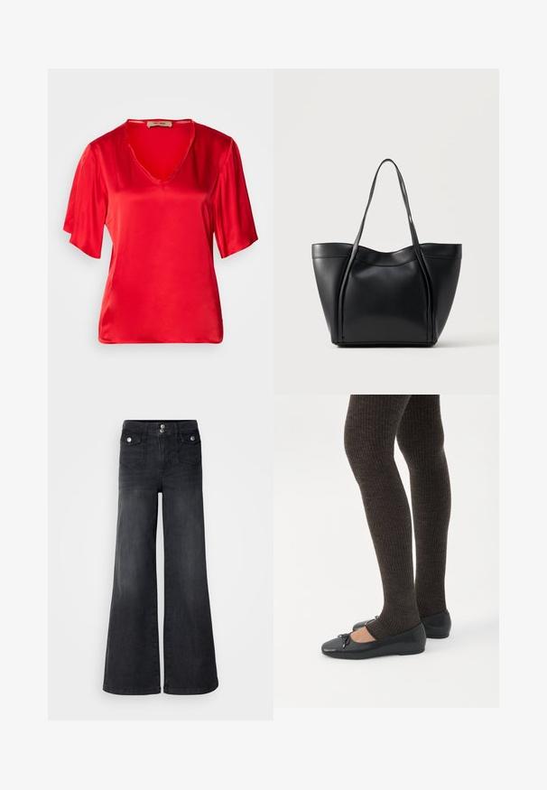 Top de satén rojo con escote en V y mangas cortas, ligeramente acampanadas. La tela tiene una textura suave y un acabado brillante.; Pantalones vaqueros de mezclilla negra de pierna ancha con una cintura alta, botones en la parte frontal y dos bolsillos delanteros; textura suave con un ligero acabado desvanecido.; Piernas con leggings oscuros acanalados combinados con bailarinas negras que presentan pequeños detalles de lazo sobre un fondo blanco.; Bolso tote de cuero negro con dos asas largas y un borde superior ligeramente curvado, mostrado sobre un fondo claro y liso.