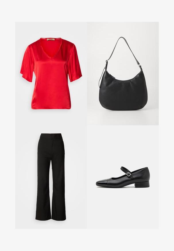 Top de satén rojo con escote en V y mangas cortas, ligeramente acampanadas. La tela tiene una textura suave y un acabado brillante.; Pantalones de pierna ancha negros con una textura suave, cintura alta y un diseño limpio. Sin bolsillos visibles ni adornos.; Zapatos Mary Jane de cuero negro con puntera de charol, correa de tobillo ajustable y tacón bajo. Textura suave y diseño elegante.; Bolso hobo negro fabricado con material suave y duradero. Cuenta con una sola correa ajustable y un logotipo sutilmente grabado en la parte frontal.