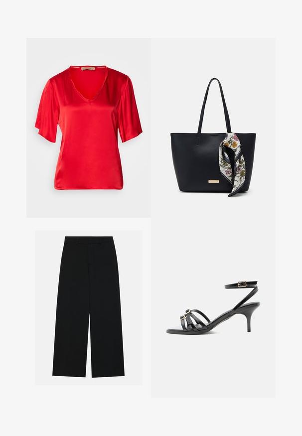 Top de satén rojo con escote en V y mangas cortas, ligeramente acampanadas. La tela tiene una textura suave y un acabado brillante.; Pantalones negros de pierna ancha hechos de una tela suave. Presentan una cintura plana con pasadores de cinturón y sin bolsillos visibles. Diseño sencillo.; Sandalia negra de cuero con tiras, tacón kitten, puntera cuadrada, dos hebillas delanteras y una correa en el tobillo con cierre de hebilla dorada.; Bolso de tote de cuero negro con dos asas, decorado con una bufanda de seda floral atada en el asa y un acento metálico con el logotipo en el frente.
