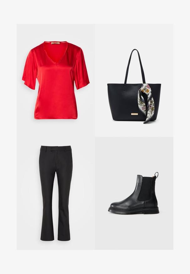 Top de satén rojo con escote en V y mangas cortas, ligeramente acampanadas. La tela tiene una textura suave y un acabado brillante.; Pantalones de campana negros hechos de una tela suave, con un frente liso, presillas para cinturón y un dobladillo limpio para un aspecto a medida.; Botín Chelsea de cuero negro con paneles elásticos en los laterales, puntera redondeada y suela de goma negra texturizada. Cuenta con una lengüeta para facilitar su uso.; Bolso de tote de cuero negro con dos asas, decorado con una bufanda de seda floral atada en el asa y un acento metálico con el logotipo en el frente.