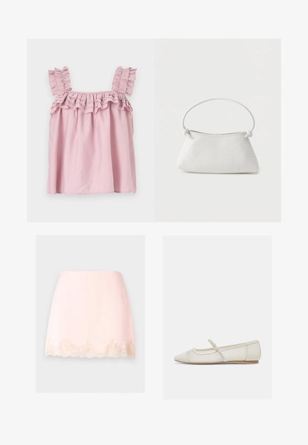 Top sans manches rose avec des bretelles à volants et un décolleté froncé. Fabriqué en tissu léger, avec une coupe ample et fluide.; Mini-jupe rose clair avec bordure en dentelle festonnée à l'ourlet, tissu lisse et design épuré et simple sur fond uni.; Chaussure plate ivoire à bout pointu avec bride ornée de perles et petit talon en bois, vue de côté sur un fond clair.; Sac à main en cuir tressé blanc avec poignée arrondie et extrémités de lanière nouées, présenté sur un fond uni.