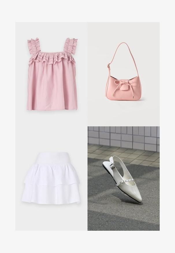 Top sans manches rose avec des bretelles à volants et un décolleté froncé. Fabriqué en tissu léger, avec une coupe ample et fluide.; Jupe blanche à volants en tissu léger, avec un design ample, dotée d'une taille élastique et de deux couches froncées.; Chaussure plate slingback blanche pointue avec deux boucles argentées, présentée en extérieur sur un sol texturé et un mur carrelé en arrière-plan.; Petit sac bandoulière rose pastel avec sangle réglable et détail nœud à l'avant avec extrémités dorées sur un fond uni.