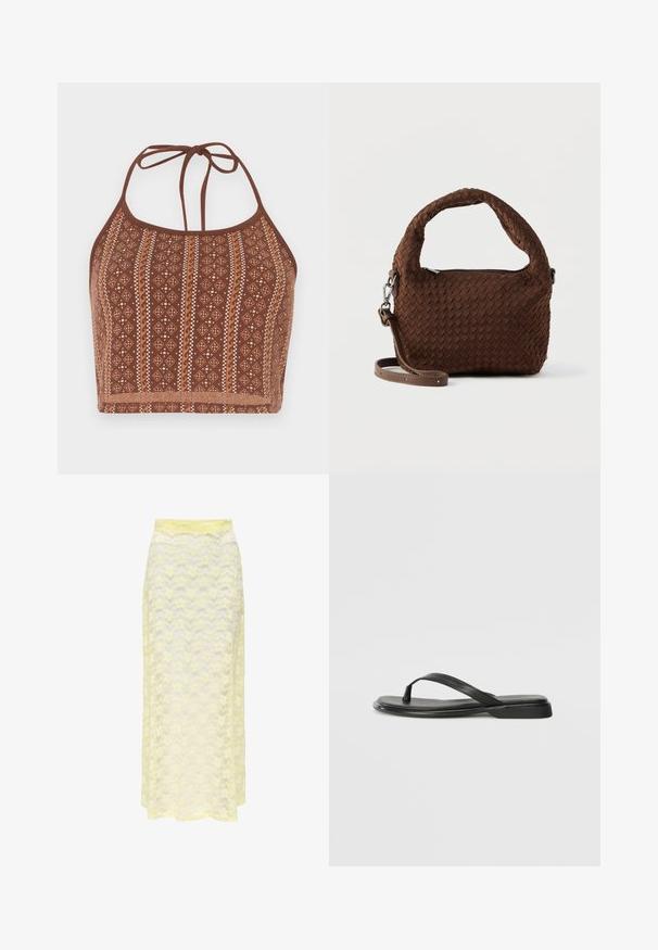 Top crop halter à motifs marron, présentant des designs géométriques avec des accents blanc cassé, des liens au cou ajustables et une finition douce et texturée.; Jupe maxi en dentelle jaune avec un motif ondulé, dotée d'une taille lisse et d'une texture douce et transparente. Conçue pour une silhouette fluide.; Tongs noires en cuir lisse, avec un design de sangle fine et une semelle plate à profil minimal. Aucun motif ou accent notables.; Sac à main marron tissé avec une poignée arrondie, des ferrures argentées et une bandoulière réglable. Il présente une fermeture éclair et une surface texturée.