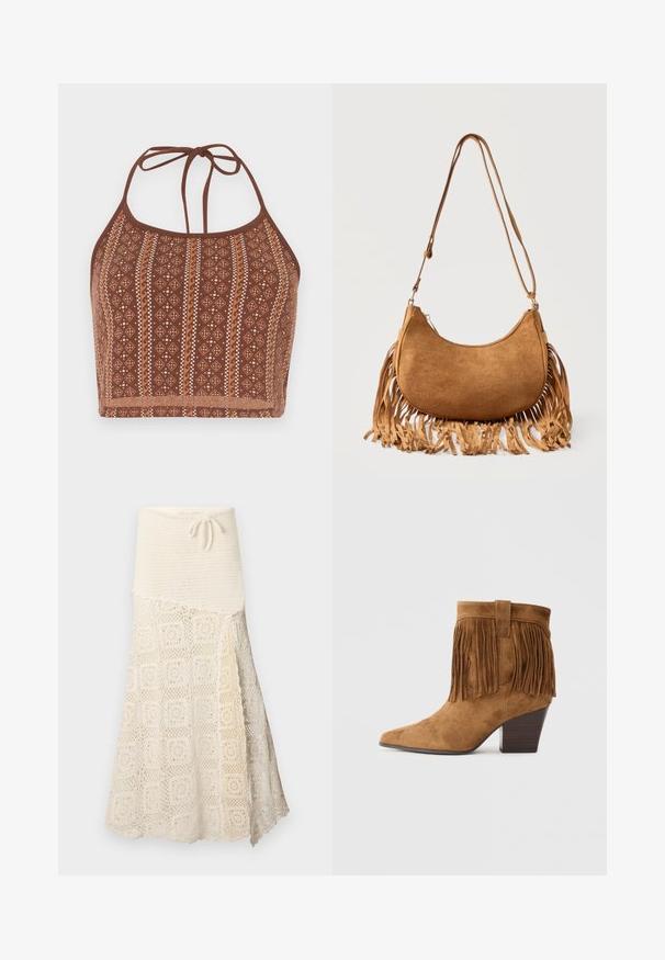 Top crop halter à motifs marron, présentant des designs géométriques avec des accents blanc cassé, des liens au cou ajustables et une finition douce et texturée.; Jupe au crochet avec une partie supérieure texturée crème et une section inférieure ornée d'un motif carré intriqué. Liens ajustables à la taille.; Bottine en cuir suédé marron avec un bout pointu, des franges au col et un talon en bois empilé. Texture lisse sur l'ensemble.; Sac d'épaule en daim marron en forme de croissant avec une longue bandoulière et des franges le long des bords inférieurs sur fond blanc.